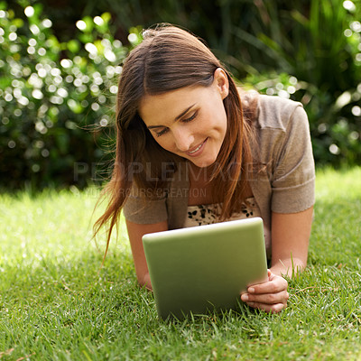 Buy stock photo Tablet, smile and woman outdoor on grass, nature and garden for communication, technology and internet. Happy female person, backyard and digital pad for social media, connectivity and browsing
