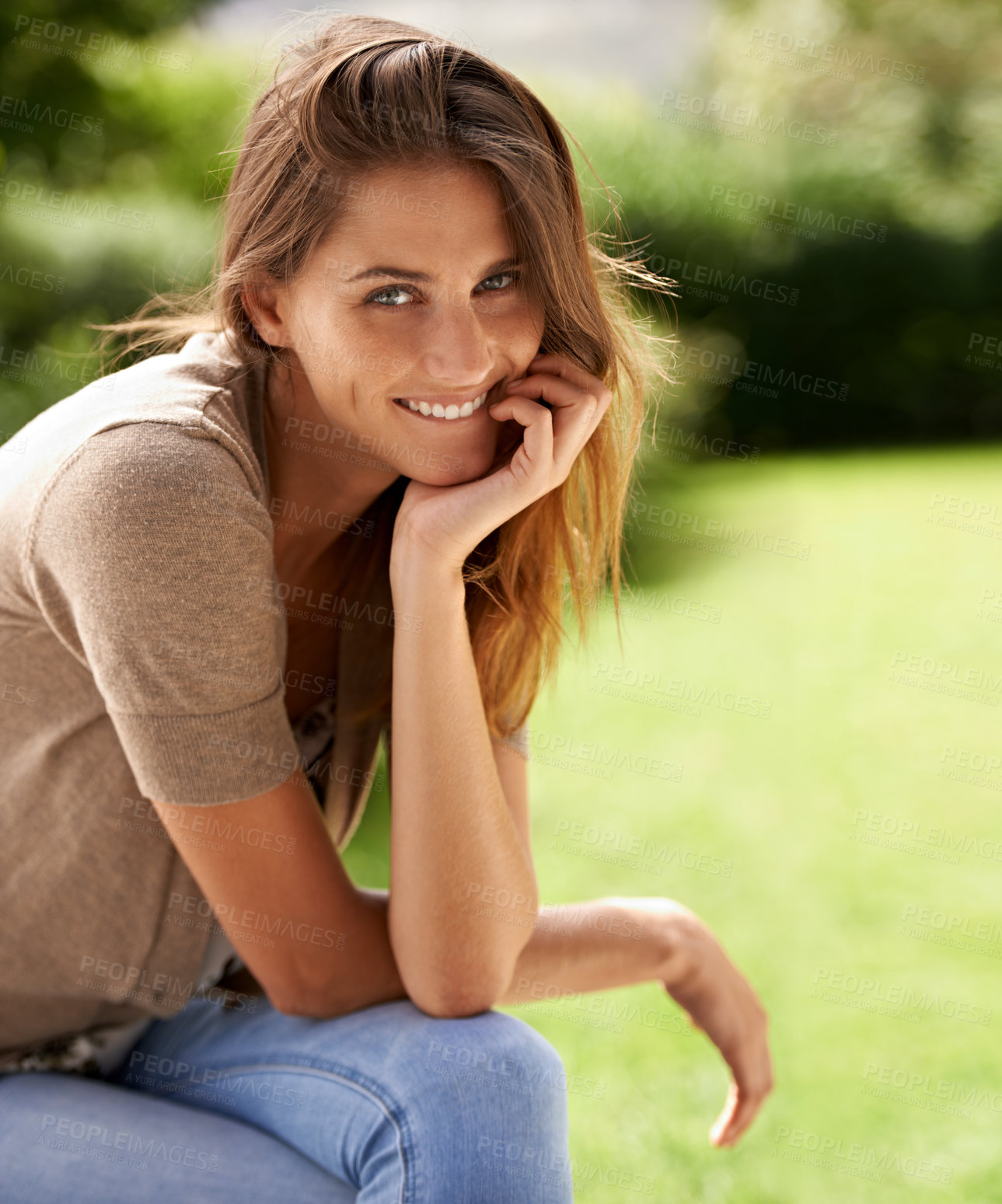 Buy stock photo Portrait, woman and happy outdoor in nature, environment and summer to relax in garden, backyard and patio. Female person, gen z girl and smile for warm weather at park, terrace and field in Mexico