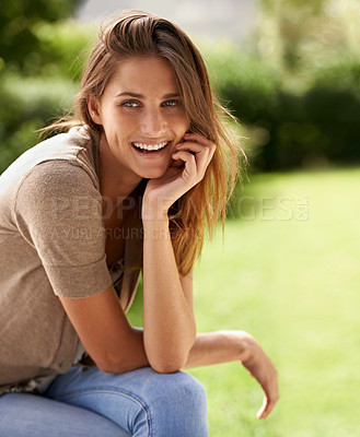 Buy stock photo Woman, smile and Spain for relax, outdoor and vacation in outdoor environment in Europe. Female person, happy and confidence in outside, summer and garden background for relaxation and park