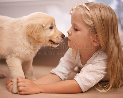 Buy stock photo An adorable little girl with her puppy  at home