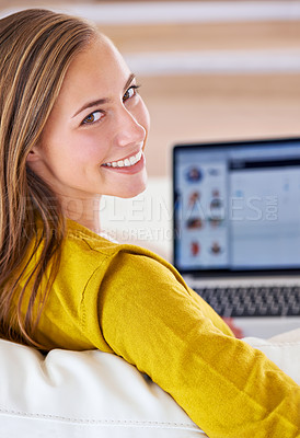 Buy stock photo Portrait, smile and woman with laptop in living room for relax, social media or communication in apartment. Happy, back view and face of person for internet search, networking or typing on computer.