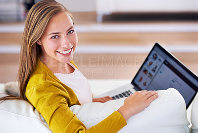 Buy stock photo Portrait, happy and woman with laptop in living room for relax, social media or communication in apartment. Smile, face and female person for internet search, networking or typing on computer.