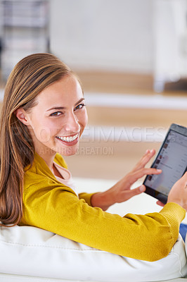 Buy stock photo Portrait, happy and woman with tablet in living room for relax, social media or communication in home. Smile, technology and face of female person for internet search, networking or news article