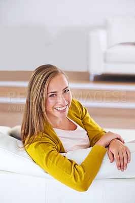 Buy stock photo Apartment, portrait and happy woman relax on couch in living room of home on holiday or vacation. Girl, smile and lounge on comfortable sofa in new house with pride, confidence and enjoying break