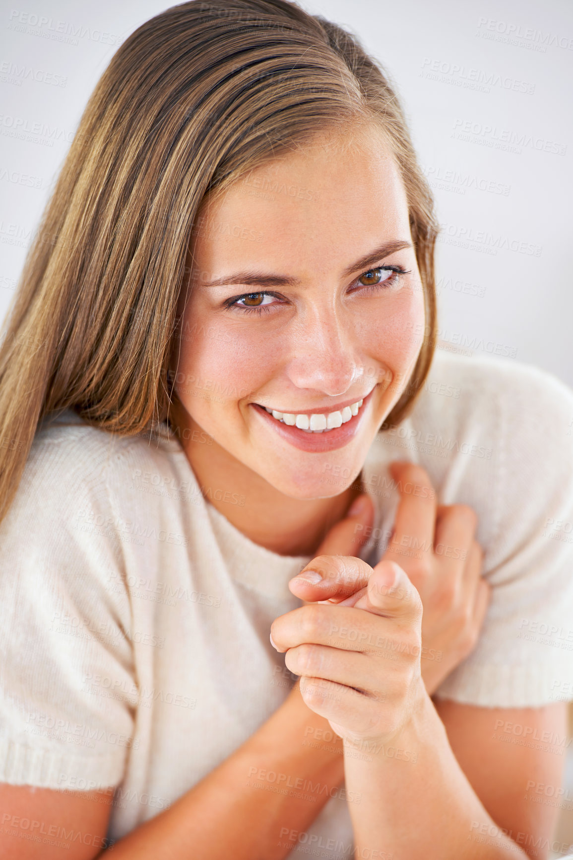 Buy stock photo Portrait, pointing and woman in living room for happiness, choice and relax. Hand gesture, smile and happy with  face of female person for weekend with invitation, opportunity and decision in house.