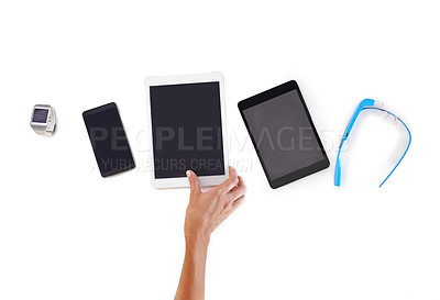 Buy stock photo Tablet, phone and hand for tech, digital and marketing as screen set for business in studio. Glasses, display and advertise in white background, person and choice for information technology 
