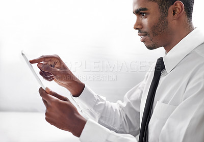Buy stock photo Hands, man and tablet for research in office, planning and browse on internet or web. Black male person, white background and communication for law firm, online and app for legal info or networking