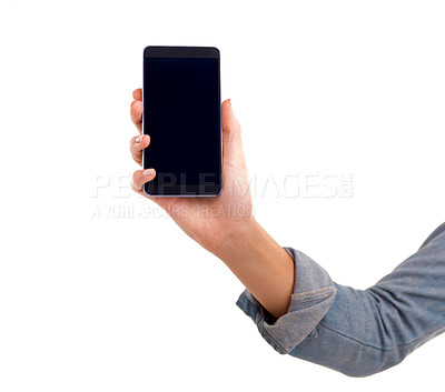 Buy stock photo Hand, phone and screen for display in studio, text and mockup space or social media on white background. Person, blank and web or networking for marketing, app and internet or online for advertising