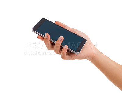 Buy stock photo Phone screen, hand and woman in studio with mockup for social media, chat or networking on white background. Smartphone, app or closeup of lady model show sign up, promotion or internet connection