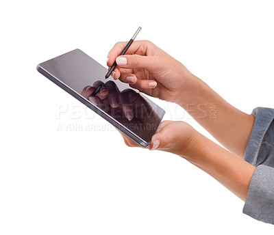 Buy stock photo Closeup, hands or writing on tablet in studio for signature, application form or online document on website. Graphic designer, person or digital pen for drawing or creative sketch on white background