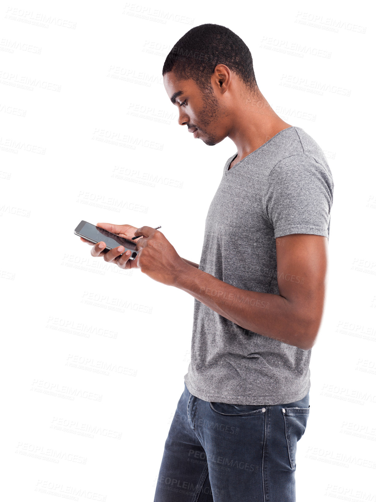 Buy stock photo Digital, pen and black man with phone in studio for art, drawing or online sketch competition on white background. Smartphone, stylus or African male model with app for artistic, design or creativity