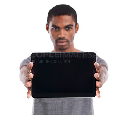 Buy stock photo Man, tablet screen and portrait in studio, display and mockup space on white background. Black male person, tech and website or networking for marketing, app and internet or online for advertising