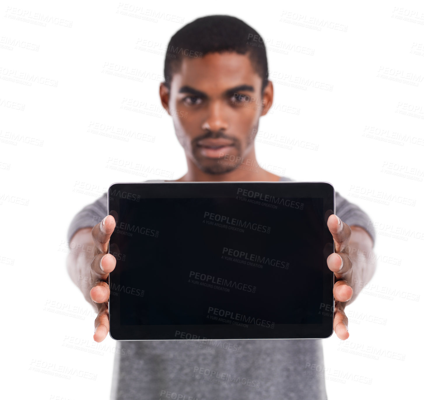 Buy stock photo Man, tablet screen and portrait in studio, display and mockup space on white background. Black male person, tech and website or networking for marketing, app and internet or online for advertising