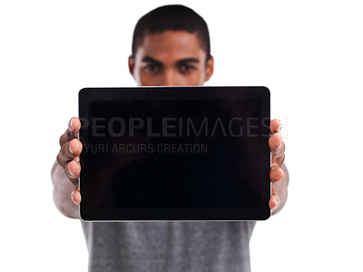 Buy stock photo Man, tablet screen and portrait in studio, blank and mockup space on white background. Black male person, display and website or networking for marketing, app and internet or online for advertising