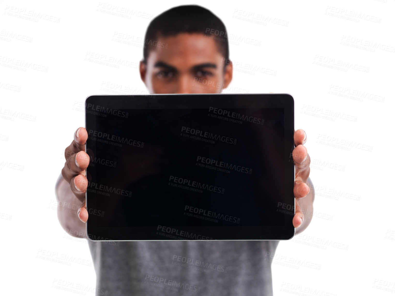 Buy stock photo Man, tablet screen and portrait in studio, blank and mockup space on white background. Black male person, display and website or networking for marketing, app and internet or online for advertising