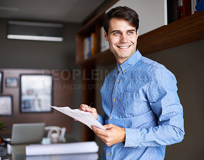Buy stock photo Business, thinking or happy man with documents in office for startup, budget or savings review. Idea, vision or guy financial advisor with paperwork for planning, goal or brainstorming profit target 