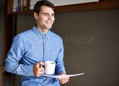 Buy stock photo Happy, documents and business man with coffee in office for ideas, brainstorming and thinking. Corporate consultant, professional and person with drink and paperwork, proposal and project report