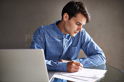 Buy stock photo Computer, documents and business man in office for proposal, project review and company report. Professional, consultant and person with paperwork and laptop for online research, finance and planning