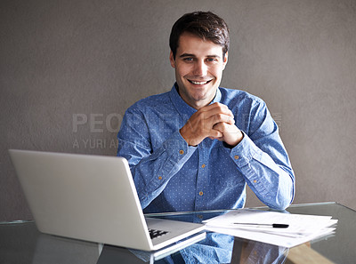 Buy stock photo Laptop, documents and portrait of business man in office for proposal, project review and report. Professional, consultant and person with paperwork and computer for website, research and planning