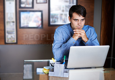 Buy stock photo Business, thinking or serious man in office with laptop for solution, research or problem solving. Pc, search and male entrepreneur online for feedback, review or brainstorming startup company ideas