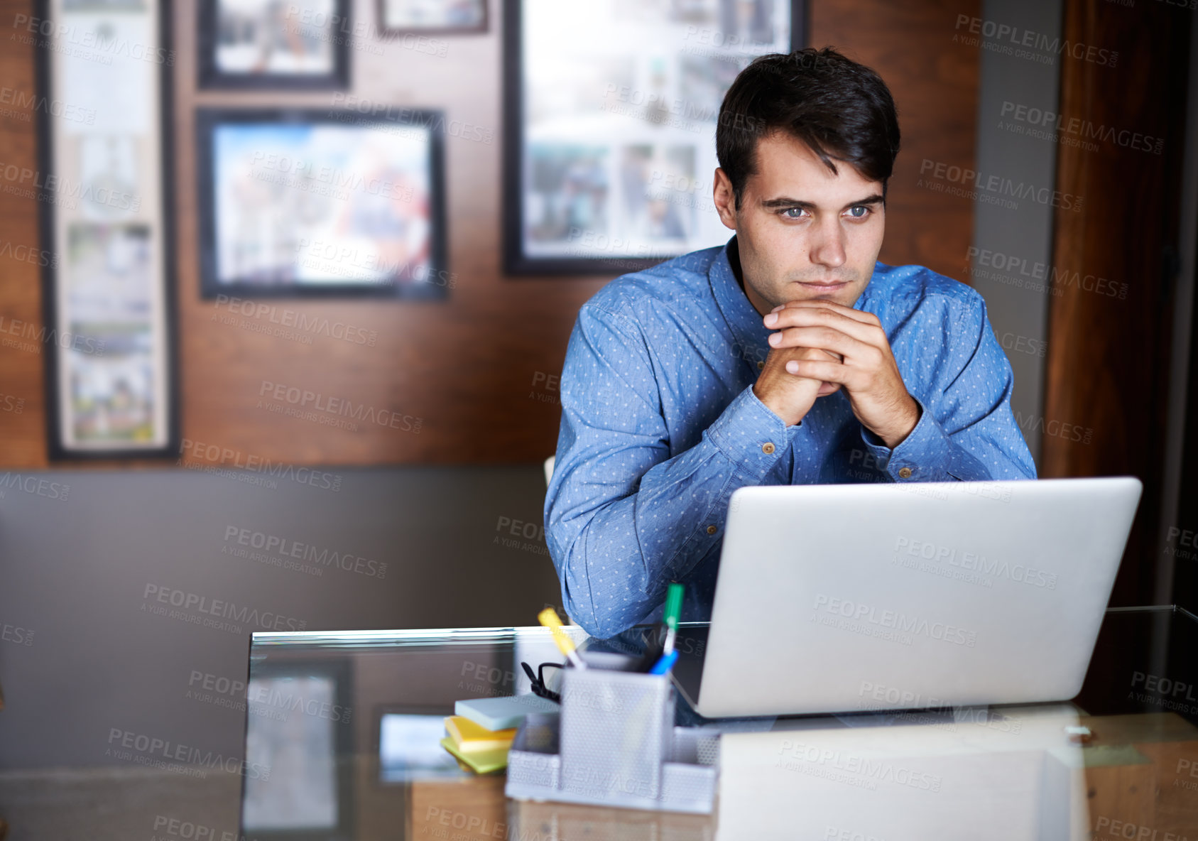 Buy stock photo Business, thinking or serious man in office with laptop for solution, research or problem solving. Pc, search and male entrepreneur online for feedback, review or brainstorming startup company ideas