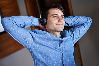 Buy stock photo Businessman, headset and listening music in office professional, smile and relax for break. Male person, resting or peaceful and enjoying podcast in workplace, salesman and formal outfit indoors