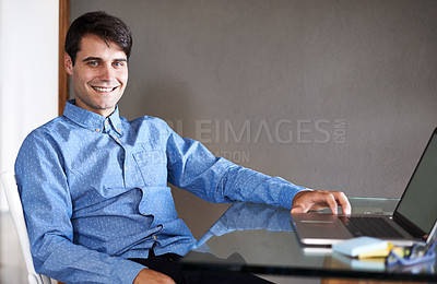 Buy stock photo Man, laptop and online for email in portrait, professional and research for startup company. Businessperson, office and app for information or website, networking and internet for communication