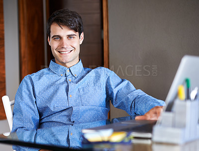 Buy stock photo Portrait, business and happy man with laptop in office for planning, research or startup management. Face, smile or confident male entrepreneur online for web, search or email and communication