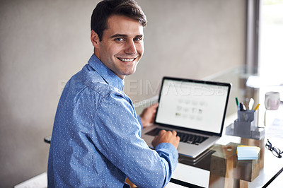 Buy stock photo Office, laptop and portrait of business happy man at desk for working online, planning and website research. Corporate worker, professional and person on computer for internet, project and email