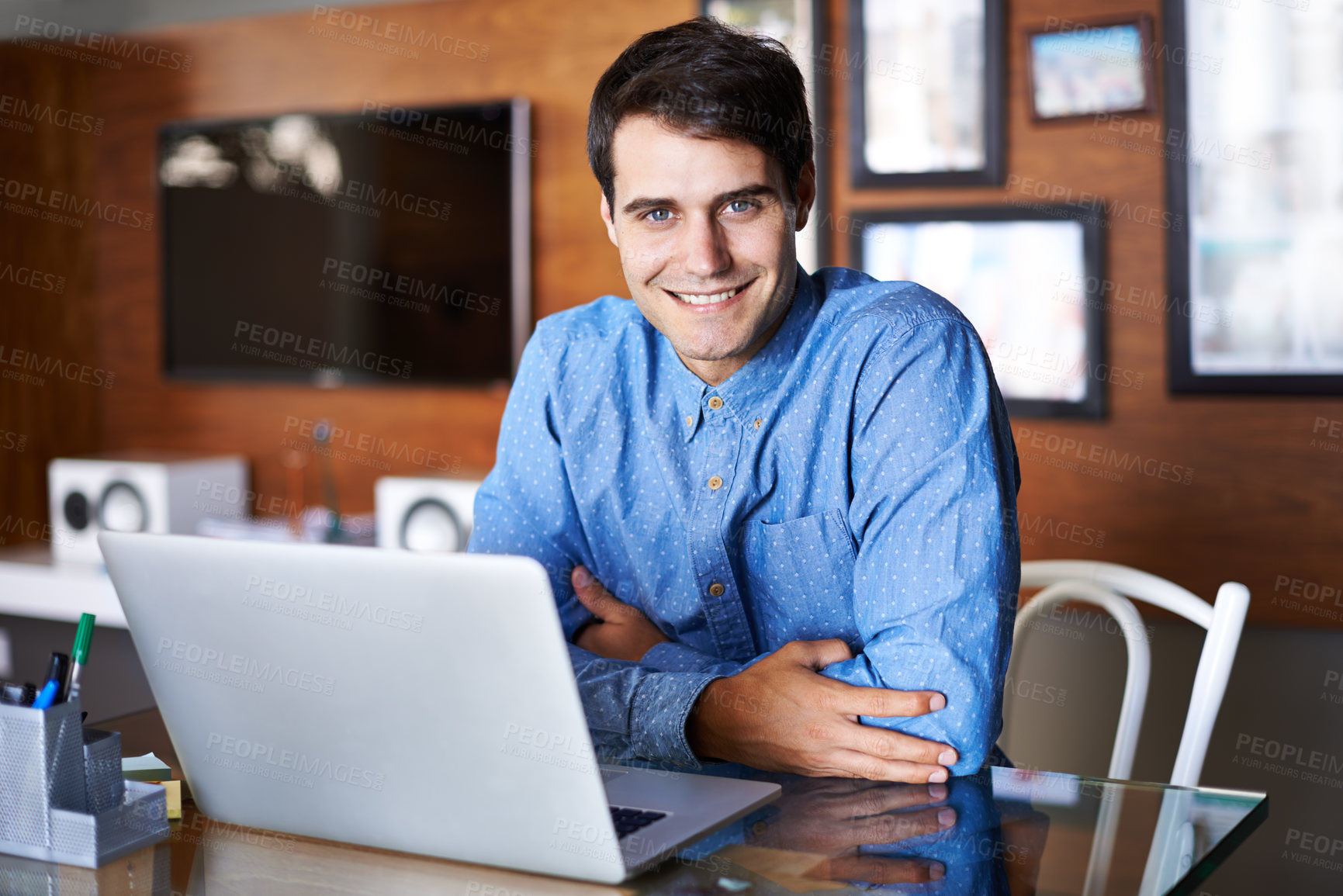 Buy stock photo Man, laptop and internet for planning in portrait, professional and research for startup company. Businessperson, office and app for information or website, networking and agenda for communication
