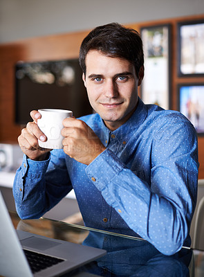 Buy stock photo Remote work, laptop and portrait of businessman with coffee for internet, online project and research. Working from home, career and person with drink on computer for planning, proposal and website