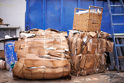 Buy stock photo Garbage, cardboard or box of trash in outdoor for waste management, recycling or rubbish in neighborhood. Community. background, organised of junk material with dump collection, litter or scrap pile