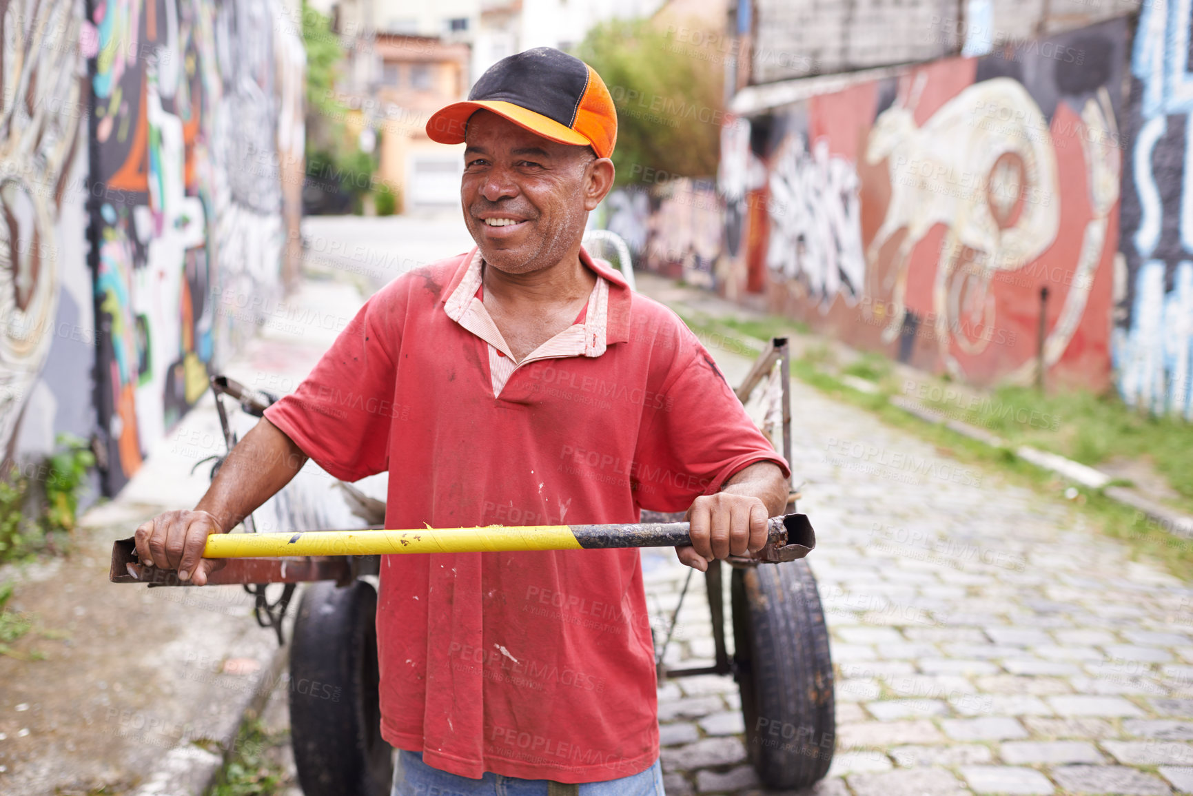 Buy stock photo Garbage, cart or man in city walking for waste management, recycling or rubbish in neighborhood. Portrait, collector or happy person with junk material in Brazil for dump collection, litter or scrap