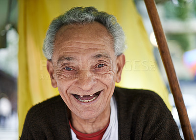 Buy stock photo Face, senior man and happy with laugh in outdoor for joy, retired and smile in street of Mexico. Closeup, male person and enjoy with fun, cheerful to relax for journey, positivity and wellbeing
