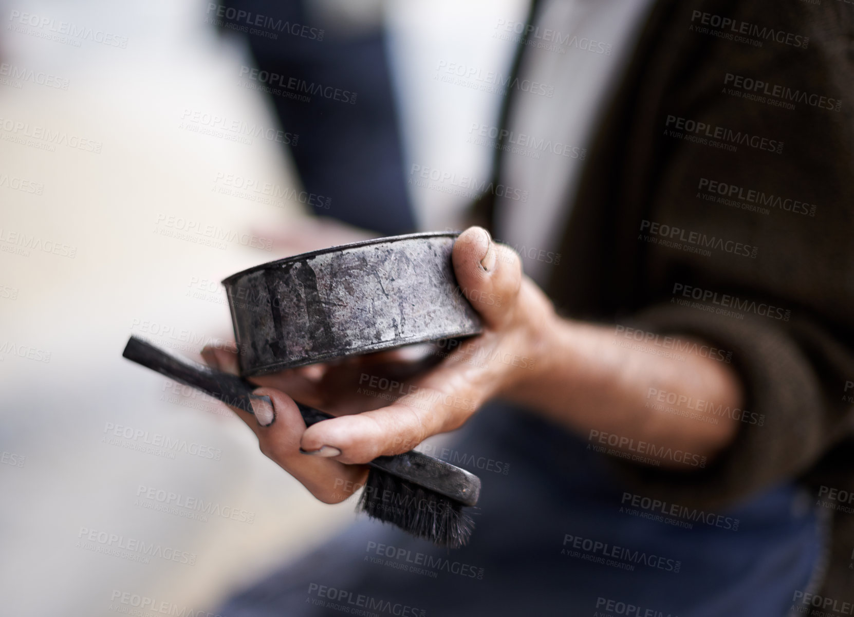 Buy stock photo Street, polish or hands of man in cleaning service in city for shine or shoes with wax, trade and job. Closeup, labour or person with toothbrush in downtown Sao Paulo for footwear or outdoor help