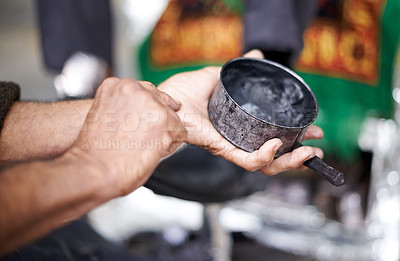 Buy stock photo City, polish or hands of man in cleaning service in street for shine or shoes with wax, trade and job. Closeup, labour and person with container in downtown Sao Paulo for footwear or outdoor help