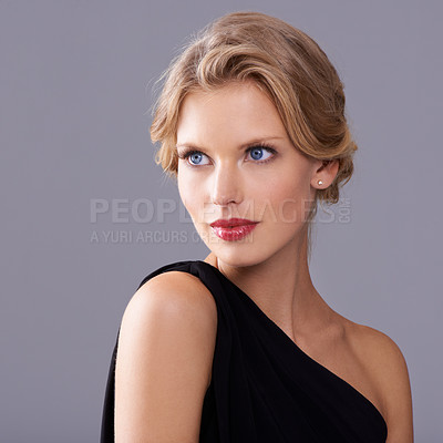 Buy stock photo Beauty, fashion and woman in studio with makeup face for elegant, trendy and fancy dress outfit. Cosmetic, hairstyle and female model with cosmetology routine and classy style by gray background.