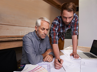 Buy stock photo Architecture, teamwork and men with blueprint in workshop for building construction. Senior engineer, father and son working on design, project and planning of apprentice and mentor with paperwork.