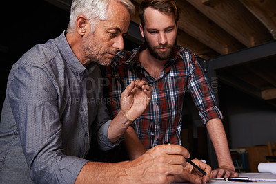 Buy stock photo Mature man, teacher and student for architecture, student by watch, listen and creative training. Artist, paper and pencil to show, explain and draw as feedback, guidance and mentorship by expert