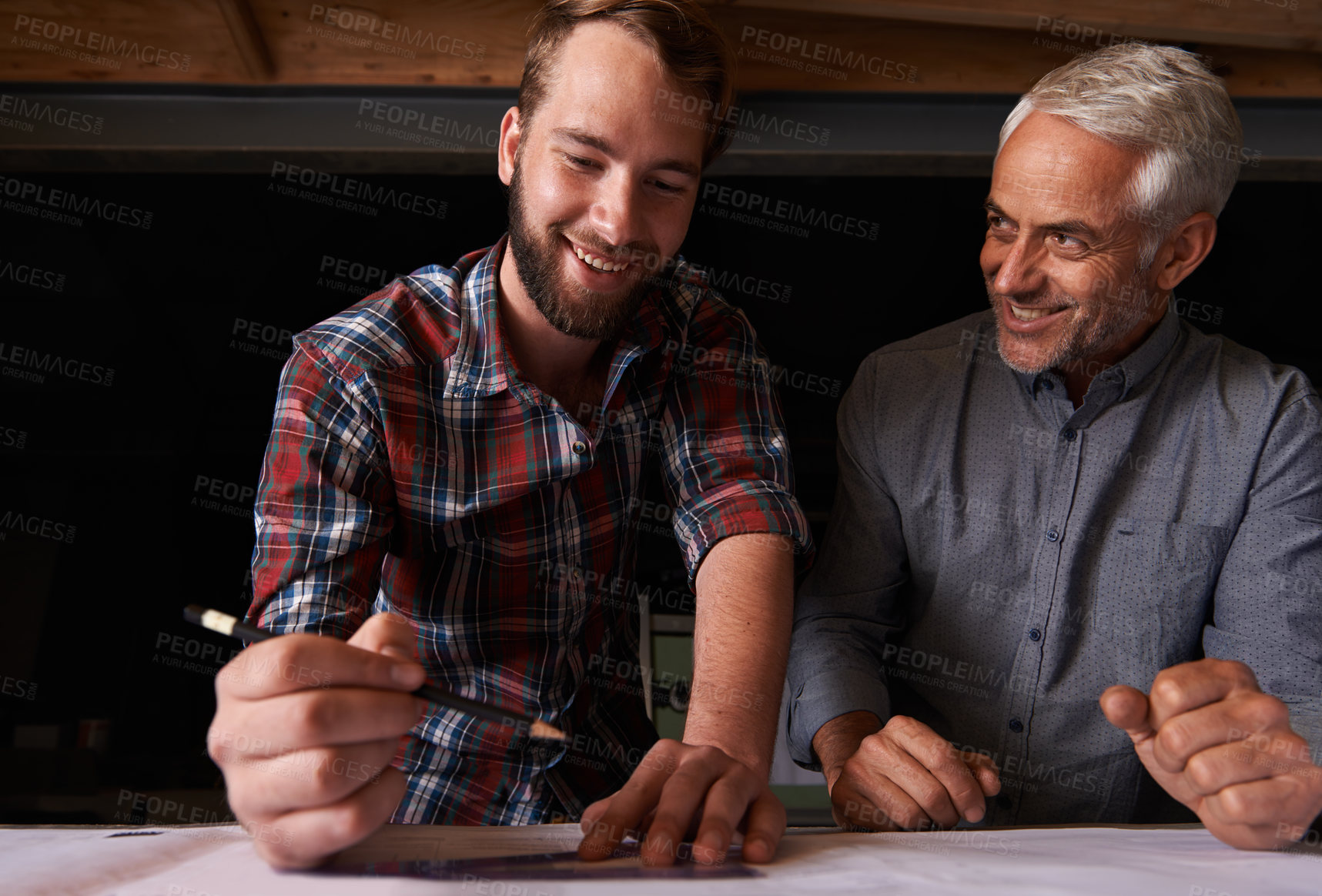 Buy stock photo Man, teacher and draw in pencil, architecture or art in design, creative and training by expert. Mature person, artist or student to show, support or explain as feedback, guidance or mentorship