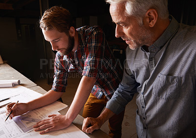 Buy stock photo Architecture team, blueprint design in workshop and designer for engineering collaboration. Male architect in meeting, planning and working on remodeling project with floor plan paperwork and drawing