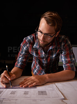 Buy stock photo Man, architecture and drawing of blueprint idea, working and planning for construction. Architect, building and engineering for infrastructure, design and contractor for career, remodel or measure