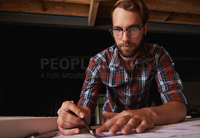 Buy stock photo Man, pencil and architect drawing blueprint, construction and civil engineering with stationery in workshop. Design tools, paperwork and closeup of floor plan for property development or renovation