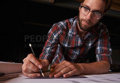 Buy stock photo Man, architect and vision of paper, working and planning for construction. Architecture, building and engineering for infrastructure, design and contractor for career for blueprint and measuring