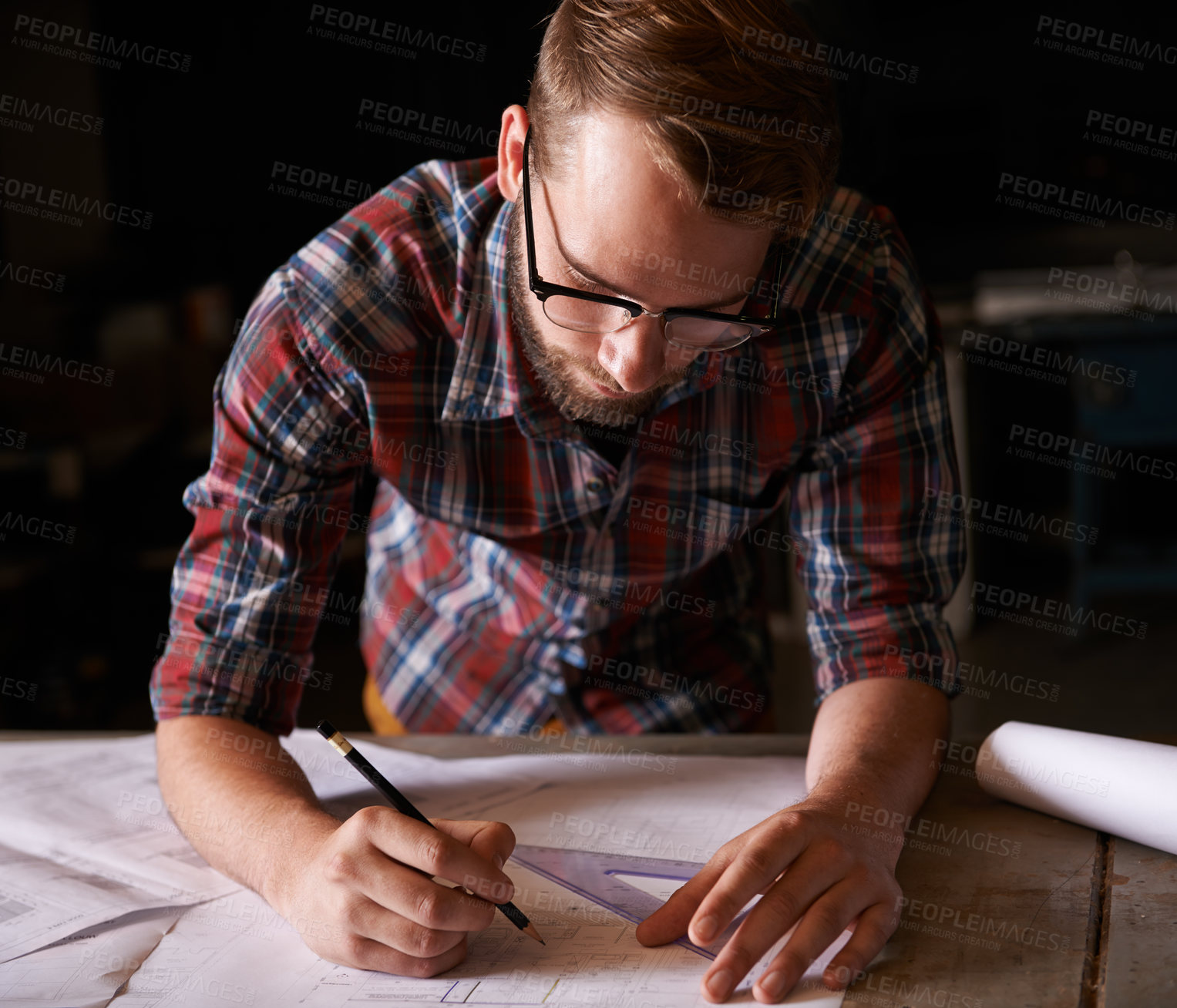 Buy stock photo Man, architecture sketch and blueprint, construction for engineering and renovation project with drawing tools. Floor plan, design and property development with architect in workshop for creativity
