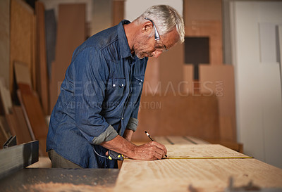 Buy stock photo Carpenter in workshop, measurement and man with pencil, measuring tape and designer furniture manufacturing. Creativity, small business and carpentry, professional planning sustainable wood project.