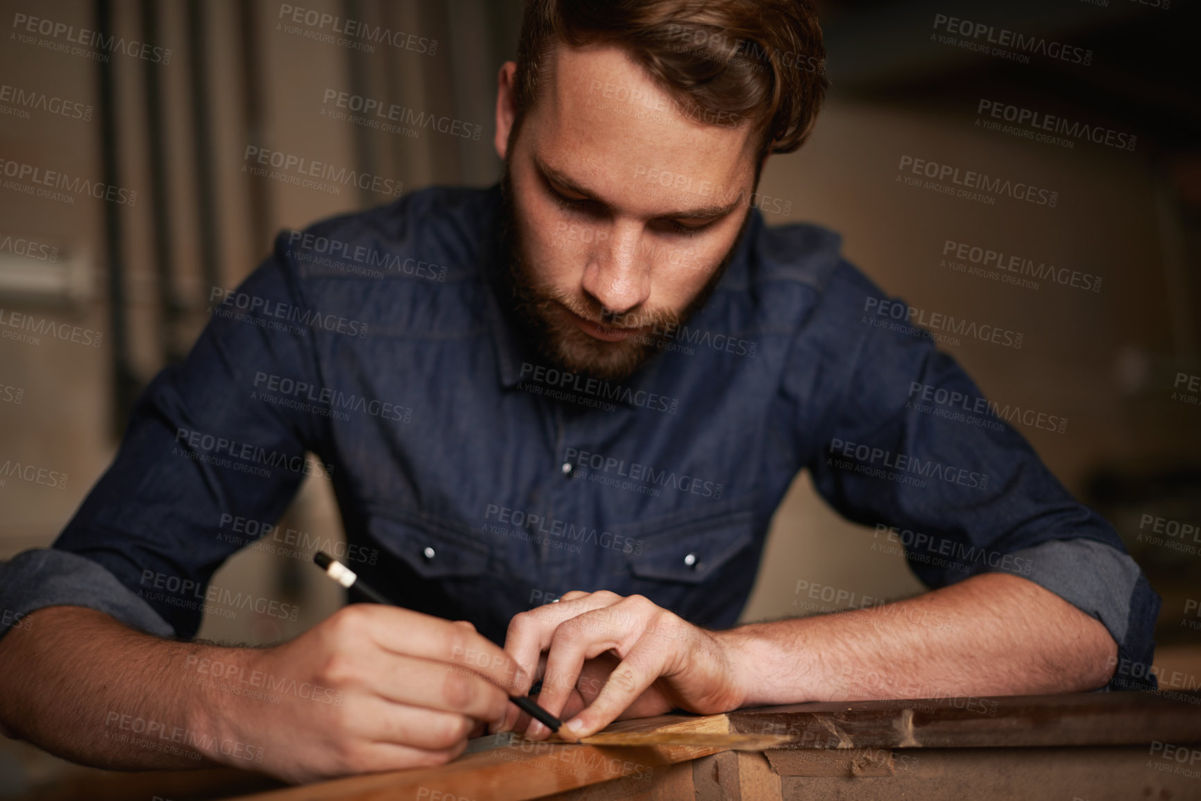 Buy stock photo Carpentry, furniture design and man with pencil, wood and designer table manufacturing workshop. Creativity, small business trade and expert carpenter with focus on sustainable woodwork project craft