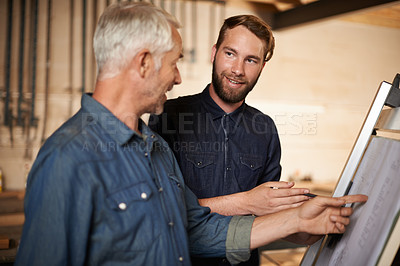 Buy stock photo Architect, team and men with blueprint for planning project, construction and smile. Engineer, apprentice and happy mentor with design, drawing and senior father with son for teaching at workshop