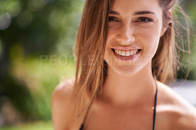 Buy stock photo Woman, closeup and portrait for summer vacation, holiday and adventure with swimwear. Bokeh, travel and face of female person at spa hotel for relax, getaway trip and weekend break outdoor in bikini