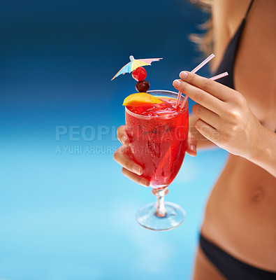 Buy stock photo Cocktail, hand and woman in swimwear on vacation, weekend break and summer party in Fort Lauderdale. Person, glass and alcoholic drink in bikini for relax, peace and rest outdoor at holiday resort